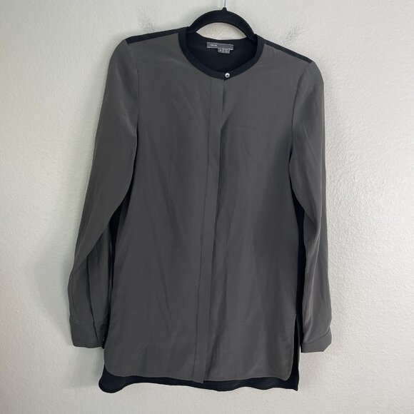 Vince Shirt Womens 6 Gray Black 100% Silk Long Sleeve Tunic Blouse Top High Low - Picture 9 of 12